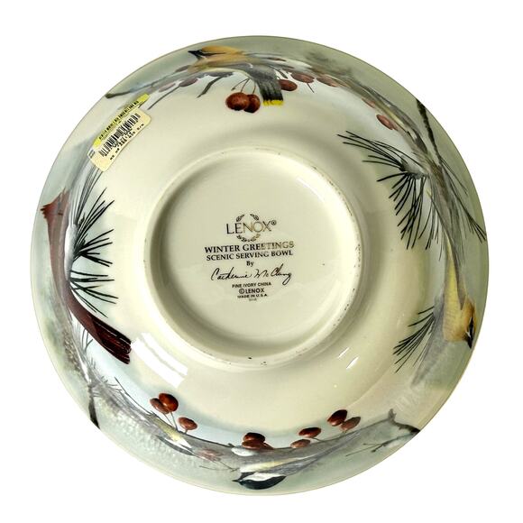 Lenox Winter Greetings McClung 9" Scenic Serving Bowl Gold Rim Cardinal Bird-New - Picture 7 of 8